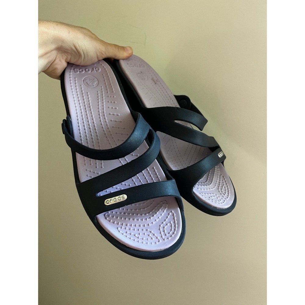 Crocs Patricia II Sandals sz 8 Wedge Slip On Black Lavender Casual Comfort Shoes